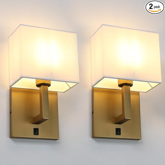 Yosoan Set of 2 Indoor Vanity Wall Sconce with On Off Switch, Brass Modern Boho Vintage Industrial Light with Square Fabric Shade for Bedroom Living Room Library Hallway Porch Dual Lamp Decor(Antique)