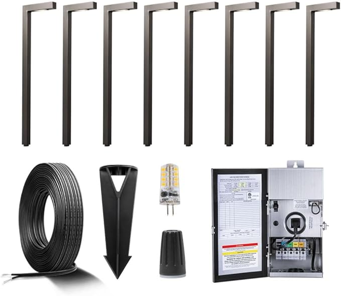 Brass Low Voltage Pathway Lights Kit(8 Pack) 12V LED with 150W Low Voltage Transformer and Mechanical Timer and 100 Feet Wire and 40Pack Connectors for Outdoor House Garden Sideway