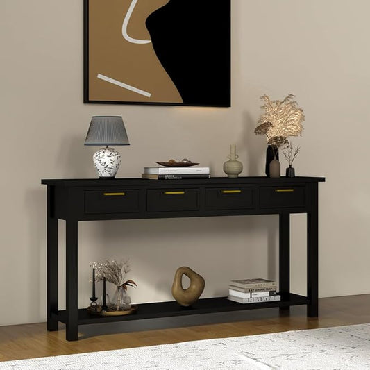 Console Table for Entryway, 60 Inch Sofa Table w/4 Drawers and Bottom Shelf Narrow Long Hallway Table for Living Room Entryway Home, Black