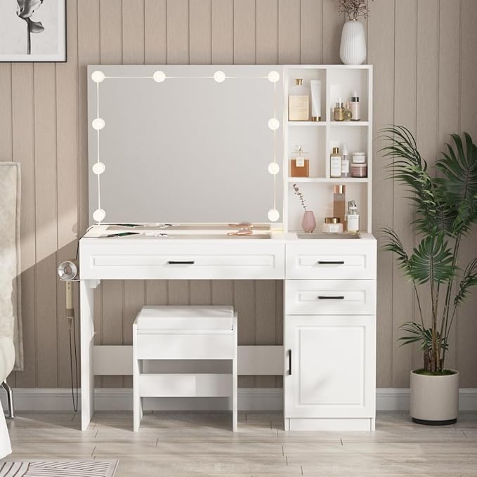 Fameill Vanity Desk with Mirror and Lights,Large Makeup Vanity with Glass top and Lots Storage,3 Drawer Vanity Set with Charging Station,3 Lighting Modes,White