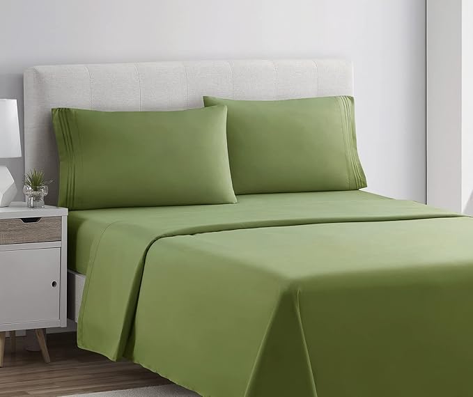 Clara Clark Bed Sheets, Premier 1800 Series 4 Piece Bed Sheet Set, Deep Pocket, Wrinkle, Fade, Stain Resistant, Luxury Soft Bedding Sheets & Pillowcases, Split King, Calla Green