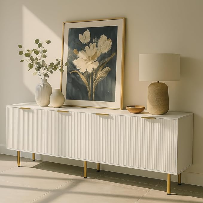 White TV Stand for TVs up to 80 Inch,Mid Century Modern TV Console,TV Stands for Living Room & Bedroom,Entertainment Center with Storage,Entertainment Stand,TV Cabinet for 55,60,65,70,72,75,80 Inch TV