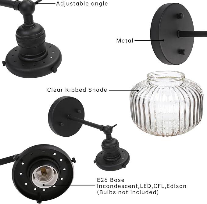 Industrial Vintage Wall Sconce 1-Light with Clear Striped Glass Globe Shade Indoor Wall Mounted Lamp Fixture (Black)