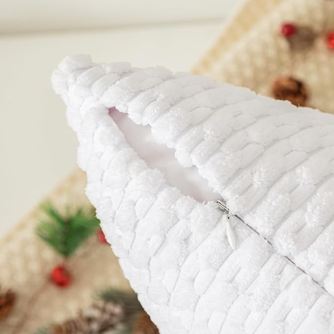 Kevin Textile Velvet Pillow Covers Striped Decorative Throw Cushion Case with Hidden Zipper for Home Couch/Bedroom 2 Pack (24x24 Inch Pure White)