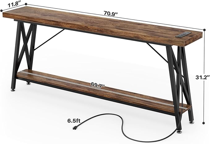 Homieasy 70.9 Inch Extra Long Console Table with Charging Station & Storage Shelf - Industrial Style Sofa Table Behind Couch for Living Room & Entryway, Rustic Brown