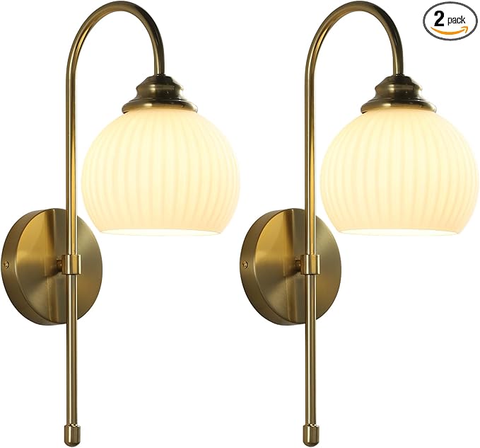 KCO Lighting Gold White Cordless Wall Sconces Mid Century Modern Bedroom Sconces Set of 2 Milk Glass Wall Lamps Antique Brass Wall Light Set of Two Retro Bathroom Vanity Light Fixtures