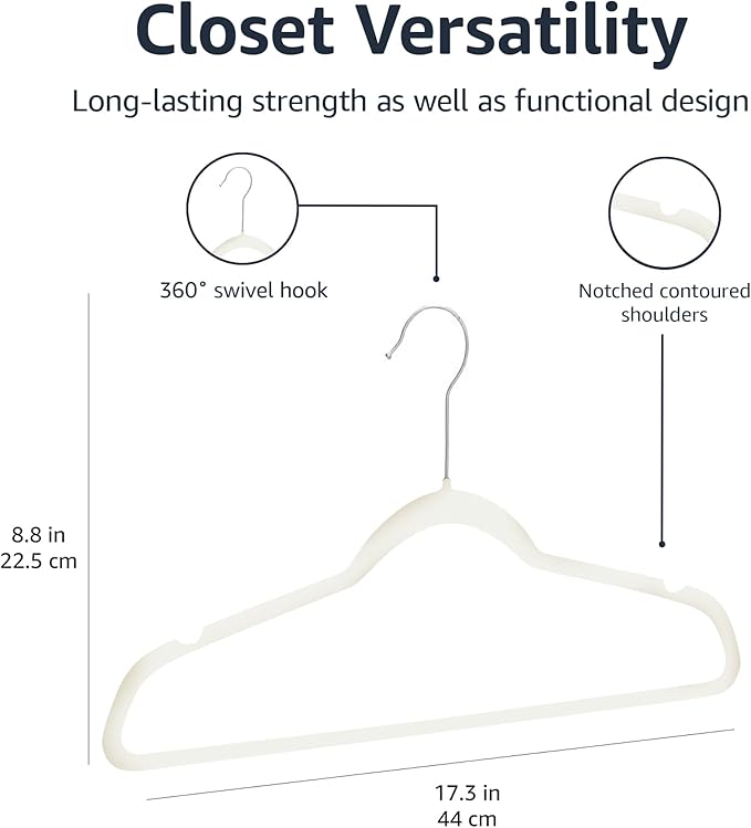 Amazon Basics Slim, Velvet, Non-Slip Sturdy Clothes Hangers, 50-Pack, Ivory/Silver