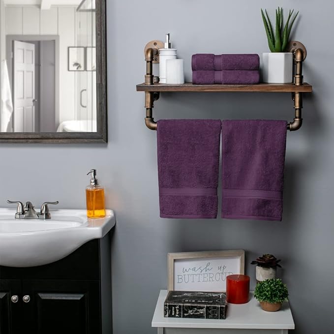 Superior Egyptian Cotton Pile Hand Towel Set of 4, Ultra Soft Luxury Towels, Thick Plush Essentials, Absorbent Heavyweight, Guest Bath, Hotel, Spa, Home Bathroom, Shower Basics, Plum