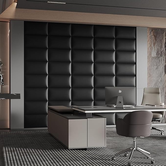 Black Stick-On Wall Mounted Headboard - 12-Piece Modular Bed Backboard for Queen Size Beds, 24 x 12 Inches Each, Easy-to-Install Sound-Proofing Decorative Bed Headboard Queen