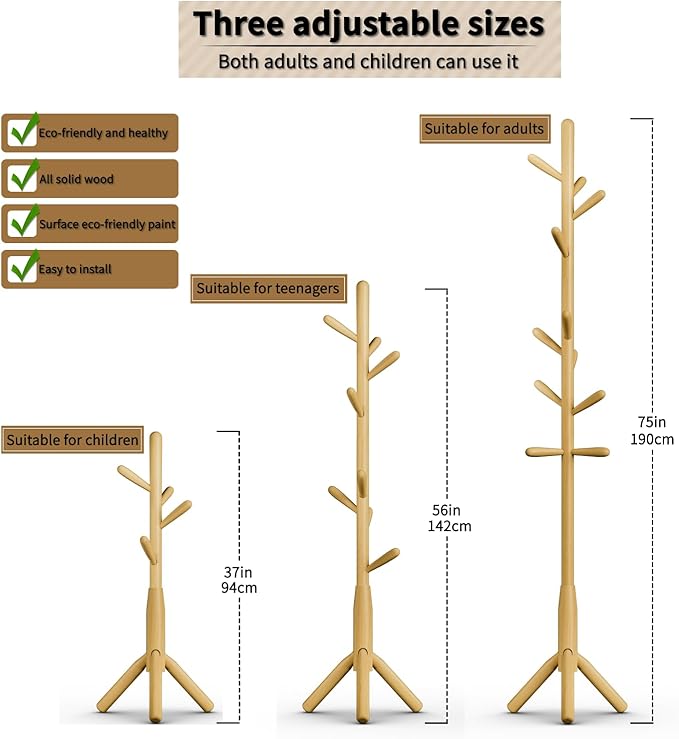 Solid Wood Coat Rack, Freestanding Tree-Shaped Coat Rack with 11 Hooks, Main Pole 1.6" dia for Clothes, Hat Stand Used in Bedroom/Office/Entryway (3-Leg Base, Natural Beige)
