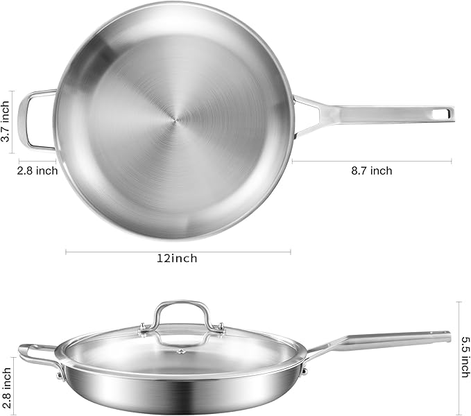 12-Inch Tri-Ply Fully Bonded Stainless Steel Frying Pan with Tempered Glass Lid | Chef's Skillet, Induction Compatible, Dishwasher & Oven Safe