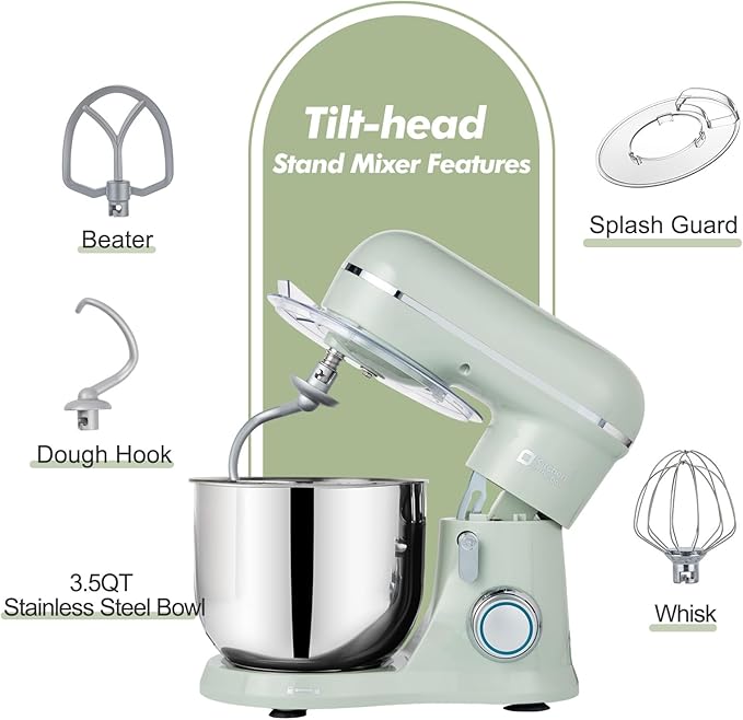 Kitchen in the Box Stand Mixer, 3.5 QT Small Electric Kitchen Mixer, 10-Speed Portable Lightweight Food Mixer with Stainless Steel Bowl, Egg Whisk, Dough Hook, Beater (Sage Green)
