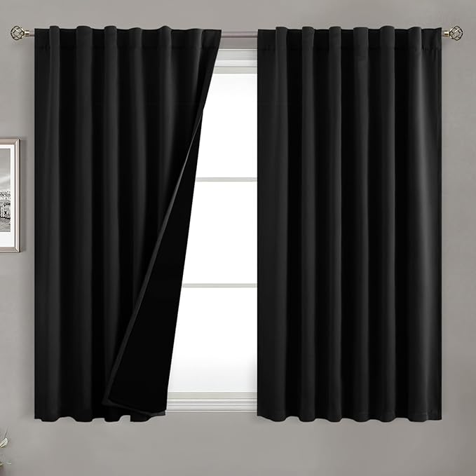 BGment Full Blackout Curtains with Liner Thermal Curtains 54 Inches Long, Rod Pocket and Back Tab Double Layer Black Out Privacy Curtains for Bedroom(52 x 54 Inch, 2 Panels, Black)