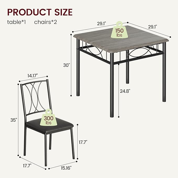 Dining Table Set for 2, Kitchen Table with 2 Upholstered Chairs, Wood 3-Piece Kitchen Dining Room Table Set for Apartment, Small Space, Space Saving, Retro Gary