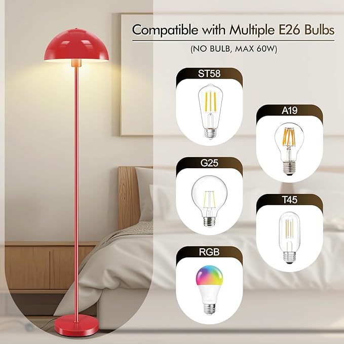 Floor Lamp, Industrial Red Floor Lamps for Living Room, 65.6in Standing Lamp, Retro Mushroom Dome Shade, Whole Metal, E26 Socket, Mid Century Modern Floor Lamp for Bedroom/Office,No Bulb