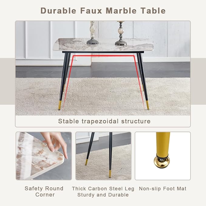 50" Modern Sintered Stone Dining Table Set 5 Pieces Rectangular Faux Marble Kitchen Table with 4 PU Leather Chair Dinner Set(1Faux Marble Table+4White Gray Chairs)