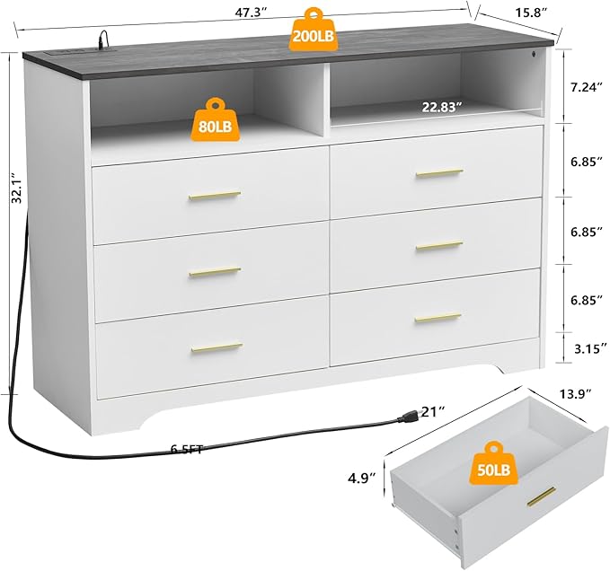 LIDYUK White Dresser for Bedroom, 6 Drawer Dressers & Chests of Drawers, Modern Wood Dresser with Charging Station and LED Lights, 48 Inches Wide Chest of Drawers for Bedroom, Hallway, Living Room