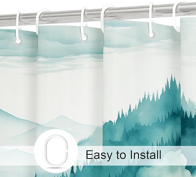 Teal Blue Small Stall Misty Pine Forest Shower Curtain 36 x 72, Mountain Foggy Woodland Scenery Tree Narrow Half Size Shower Curtains for Bathroom, Turquoise Waterproof Nature-Themed Decor