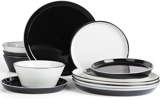 Famiware Saturn Dinnerware Sets, Plates and Bowls Sets for 4, 12 Pieces Stoneware Dish Set - Chip and Scratch Resistant, Microwave and Dishwasher Safe Tableware Set, Black and White with Rim