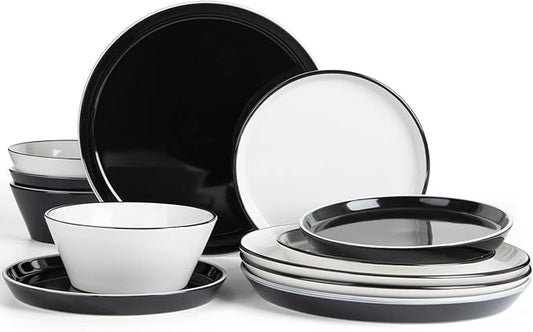 Famiware Saturn Dinnerware Sets, Plates and Bowls Sets for 4, 12 Pieces Stoneware Dish Set - Chip and Scratch Resistant, Microwave and Dishwasher Safe Tableware Set, Black and White with Rim