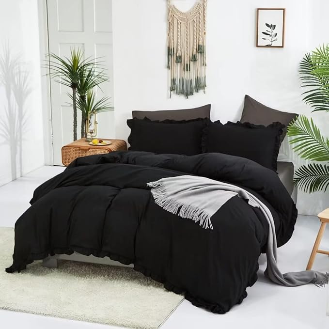 CLOTHKNOW Black Ruffles Queen Comforter Set Farmhouse Bedding Comforter Sets Shabby Chic Comforter Boho Comforter Queen with 2 x Pillow Cases
