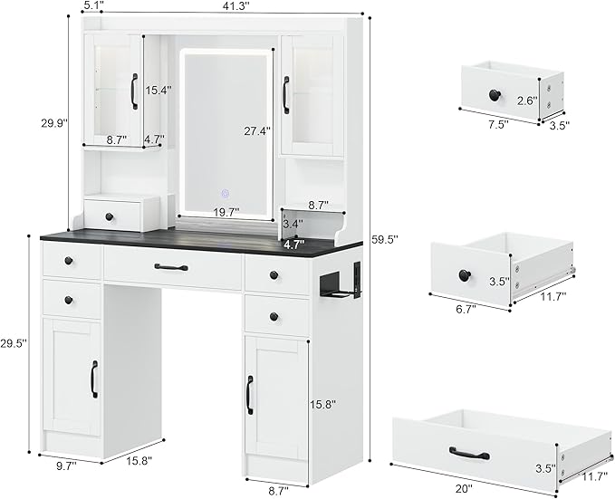 KAMABOKO Vanity Desk with Mirror & LED Lights & Power Outlet, Large Makeup Vanity Table with 6 Drawers and 4 Storage Cabinets, Dressing Table for Bedroom (White&Black)