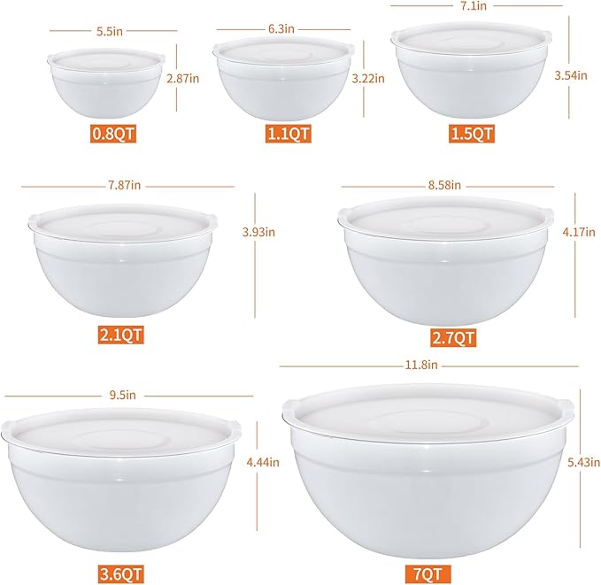 White Mixing Bowls With Airtight Lids,Stainless Steel Bowl,Salad Bowls 7 Piece Colorful Nesting Bowl White Kitchen Accessories,Size 7,3.6,2.7,2.1,1.5,1.1,0.8QT Stackable Design