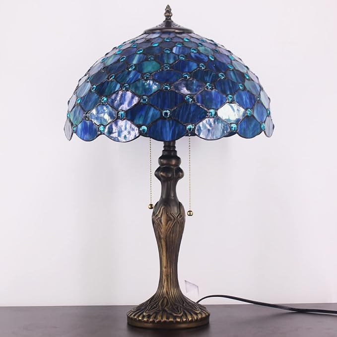Tiffany Table Lamp Stained Glass Lamp 16X16X24 Inch Antique Standing Reading Light Living Room Office Bedroom (Sea Blue Pearl)