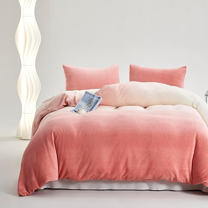Luxlovery Pink Gradient Velvet Comforter Full Fluffy Plush Flannel Bedding Set Full Women Girls Pink White Ink Rainbow Color Blanket Quilts Warm Sherpa Micromink Comforter Set