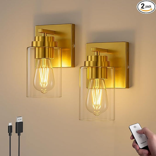 Battery Operated Wall Sconce with Remote Control Set of 2, Dimmable Wall Mounted Light Easy Install, Rechargeable Wireless Wall Lamp for Bedroom Bathroom Kitchen Vanity Mirror, Brass