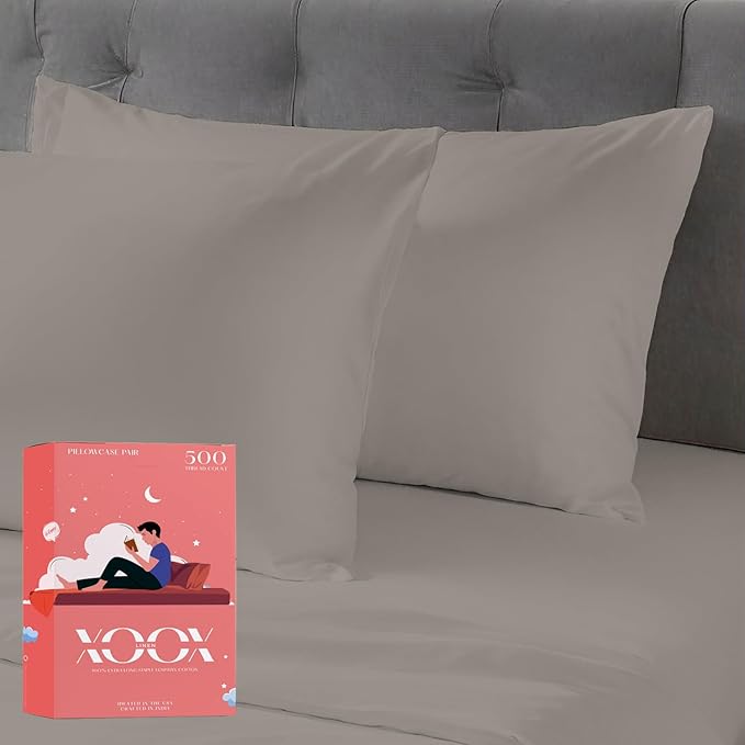 XOOX Linen 100% Cotton Pillowcases Standard/Queen Size Set of 2-500 Thread Count Cotton Pillowcases, Soft Cooling Pillow Cases for Sleeping - Pillow Covers for Standard/Queen Pillows - Taupe