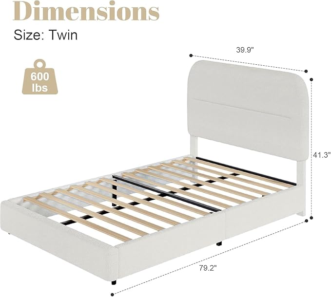 HOMBCK Twin Bed Frames with Headboard, Boucle Upholstered Platform Bed Twin Size for Kids, Rounded Corners & Thickened Footboard, No Box Spring Needed/Easy Assembly, White