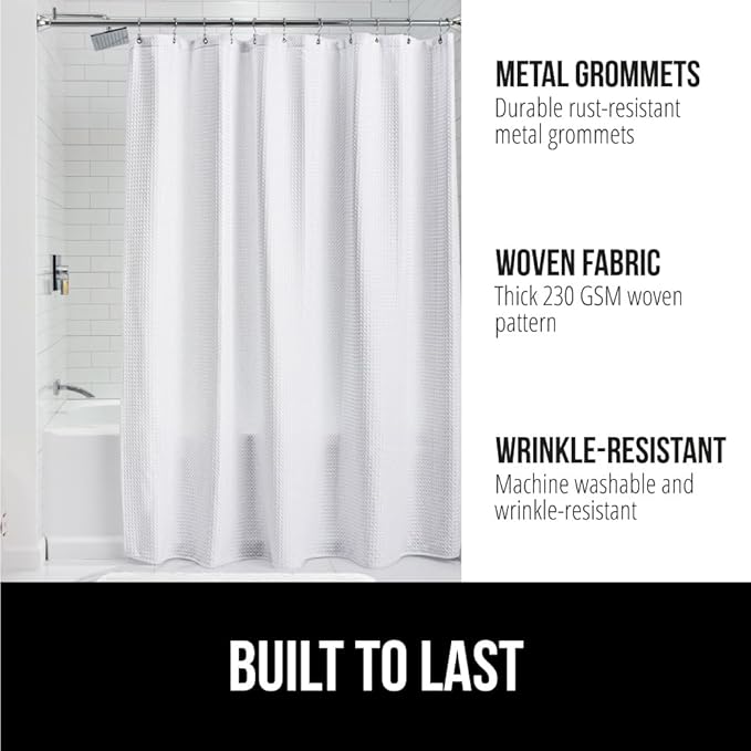 GORILLA GRIP Waffle Shower Curtain, Thick Weighted Fabric, Wrinkle and Rust Resistant, Classic Hotel Quality Design, Heavy Duty Long Curtains for Bathroom Showers, Bath Tubs, Machine Wash, 72x72 White