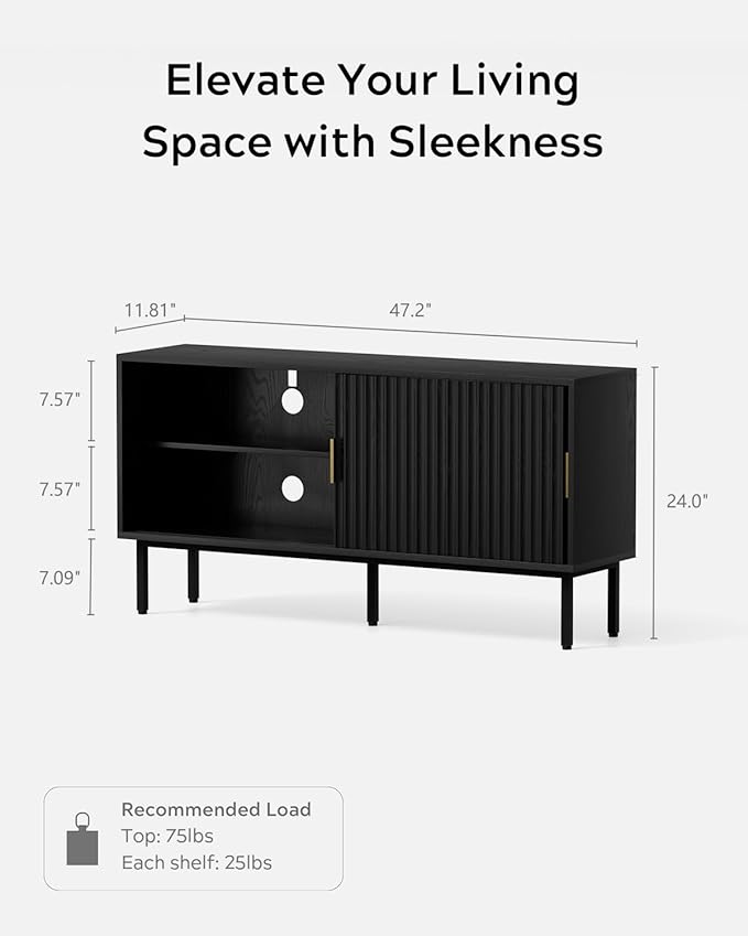 Fluted Tv Stand Set of 2, 47" Mid Century Entertainment Center with Adjustable Shelf, Wooden Media TV Console with Storage Cabinet for Living Room, Black