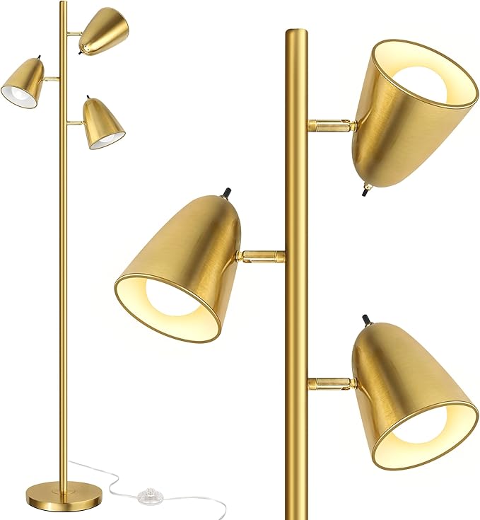 QiMH Tree Floor Lamp with 3 Light Bulbs, Standing Tall Pole Lamps for Living Room Bedroom Office, Reading Stand up Lamps with 3 Adjustable Arms, Brushed Gold