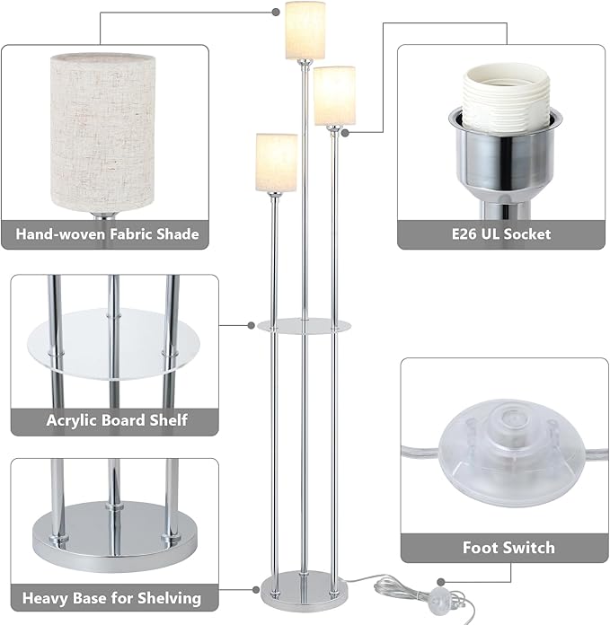Floor Lamps for Living Room, 3-Lights Modern Floor Lamp with Shelves, Chrome Standing Lamp with Fabric Shade and Foot Switch, Shelf Standing Lamps with Table, Tall Lamps for Bedroom Office