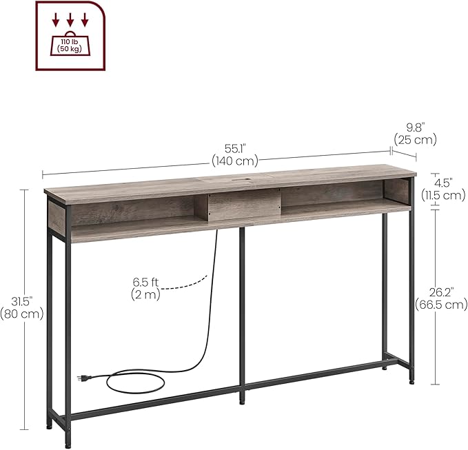 VASAGLE 55.1-Inch Console Table with Outlet and Shelves, Sofa Table with Charging Station, Behind Couch Table Skinny, Entryway Table for Hallway, Living Room, Heather Greige and Ink Black ULNT120K02