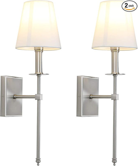 PERMO Set of 2 Classic Rustic Industrial Wall Sconce Lighting Fixture with Flared White Textile Lamp Shade and Brushed Tapered Column Stand