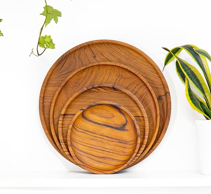 Rainforest Bowls Set of 4 12" Round Javanese Teak Wood Dinner Plates- Perfect for Everyday Use- Hot & Cold Friendly, Ultra-Durable, Premium Wooden Plates- Handcrafted by Indonesian Artisans