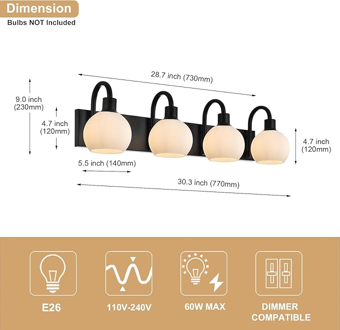 WINSEHN 28.7 Inch Black Bathroom Light Fixtures, 4-Lights Bathroom Vanity Light Over Mirror with Milk White Globe Glass, Modern Wall Mounted Vanity Light for Hallway Bedroom E26 Bulb Base