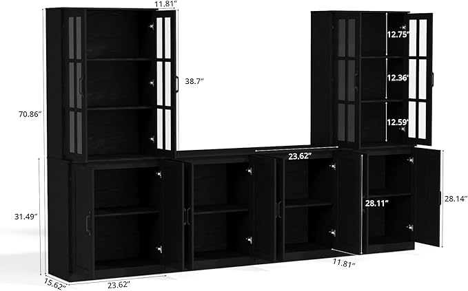 VOWNER 95" TV Stand for TVs up to 75", 4-Piece TV Hutch with Cabinets, Entertainment Center with Bookshelves, Modular TV Console for Living Room (2D+2H 黑)
