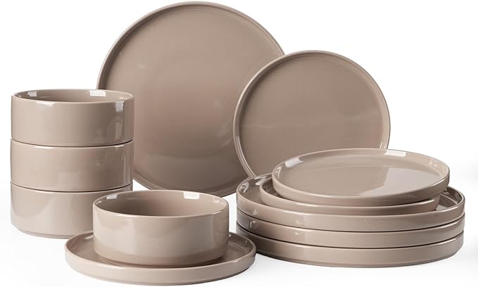 Famiware Nebula Plates and Bowls Set, 12 Pieces Dinnerware Sets, Dishes Set for 4, Cinnamon Brown