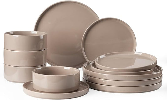 Famiware Nebula Plates and Bowls Set, 12 Pieces Dinnerware Sets, Dishes Set for 4, Cinnamon Brown