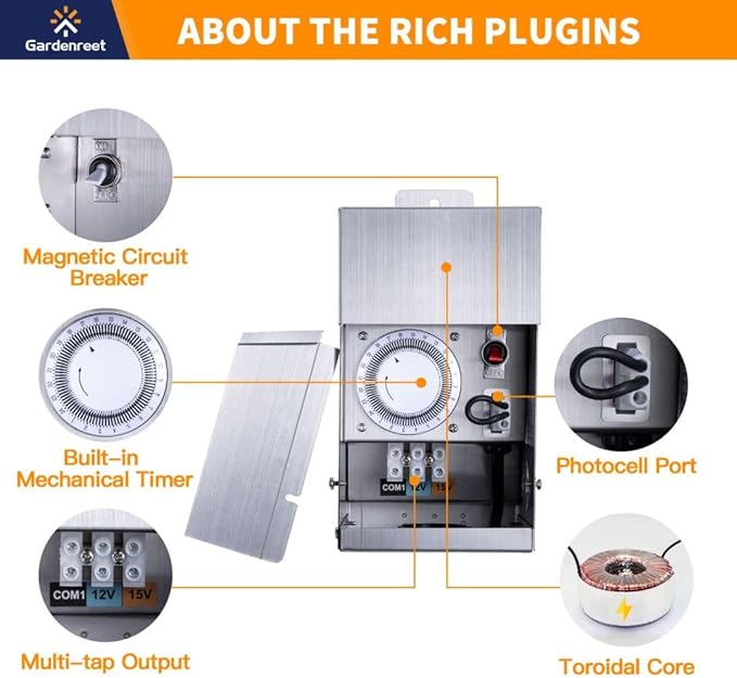 Brass Landscape Lighting Kit (4 Pack LED Spotlights) with 75W Low Voltage Transformer and Mechanical Timer and 100 Feet Cable and 20 Pack Wire Connectors for Outdoor Garden Patio