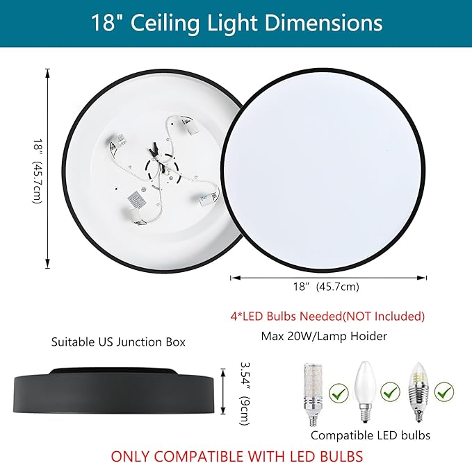 18“ Modern Flush Mount Ceiling Light, 4-Lights Round Black Ceiling Light Fixtures, Minimalistic Ceiling Lamp Acrylic Shade Lighting Fixture for Bedroom Living Room Laundry Room Foyer Hallway