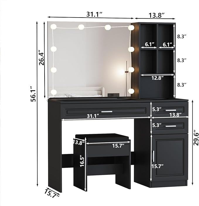 Fameill Makeup Vanity Desk with Lights,Glass Top Vanity Table with Lighted Mirror,Large Makeup Desk with 3 Drawers and Cabinets,3 Color Lighting Modes with Adjustable Brightness,Black