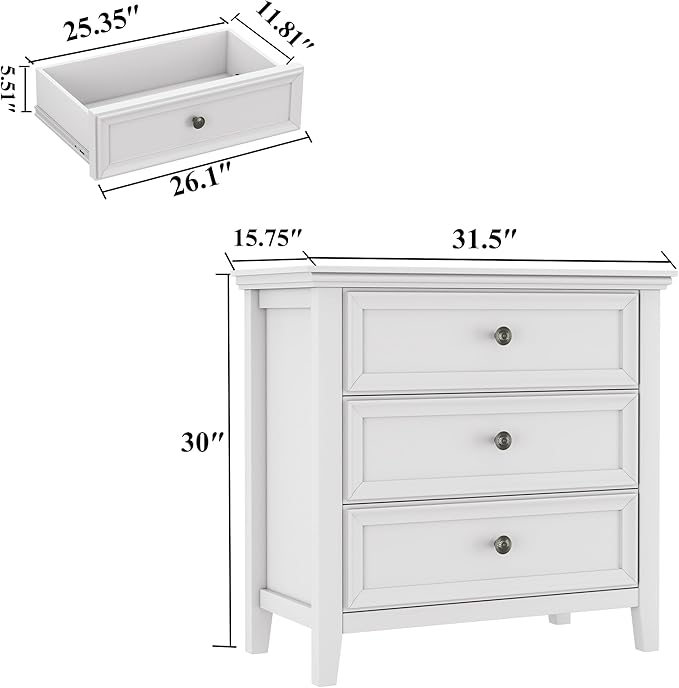 BLANKSPACE White Dresser, 3 Chest Drawer Dresser for Bedroom, Large Capacity Nightstand, Modern Wood Cabinet for Bedroom, Living Room, Closets