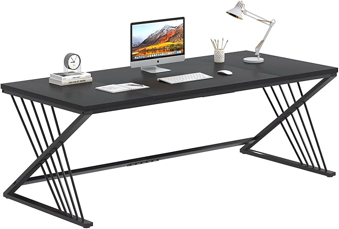 FOLUBAN 70.9" Black Computer Desk, Modern Home Office Desk, Large Gaming Workstation Executive Desk with Z-Shaped Legs, 2 Person Large Study Writing Table for Bedroom