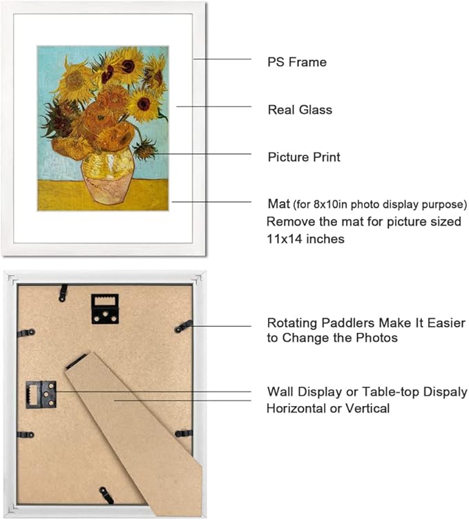 11x14 Picture Frame Set of 6 for Pictures 8x10 with Mat or 11x14 Without Mat, Wall or Tabletop Gallery Photo Frames White