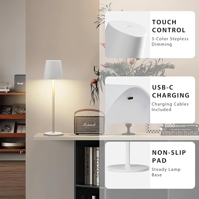 Kakanuo Cordless Table Lamps Pack of 4, Portable LED Battery Operated Lamp, Wireless Rechargeable Lamp, 3 Color Stepless Table Lamp for Restaurant, Bar, Party, Camping and Bedroom - White